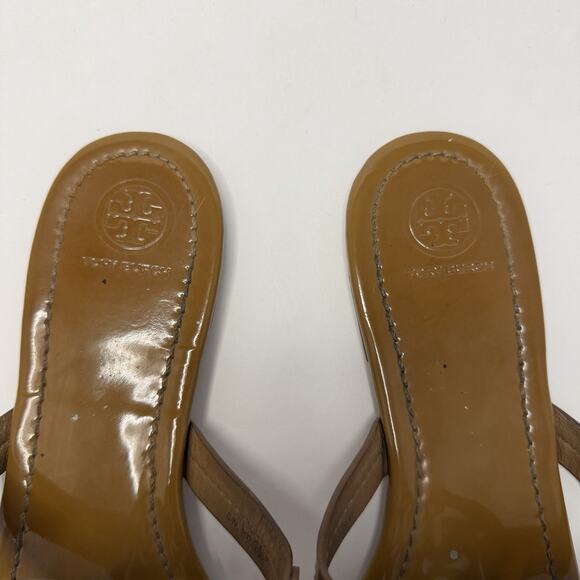 Tory Burch Miller Patent Leather Sandals Sz 9 M Camel Brown Summertime Casual